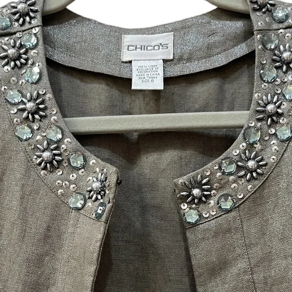Chico’s 100% Linen Taupe Metallic Open Front Jacket Jeweled Neckline Sz S - Picture 9 of 11